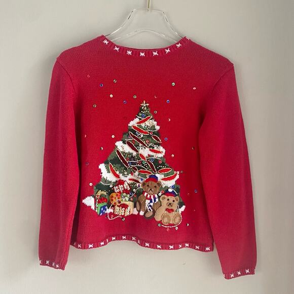 Vintage Christmas Sweater Tiara Girls Size 16 XL Red Ugly Embellished Teddy Bear - Picture 1 of 7